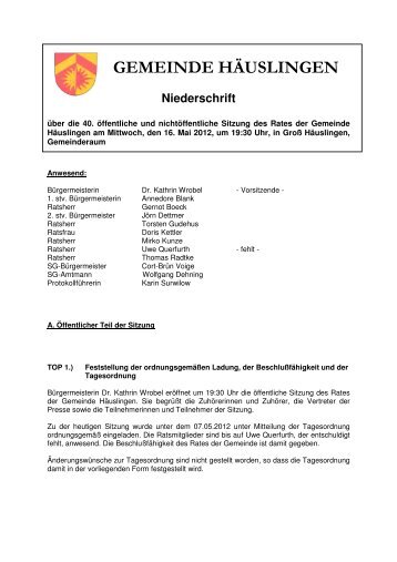 GEMEINDE HÄUSLINGEN Niederschrift