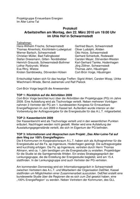 Protokoll Arbeitstreffen am Montag, den 22. März 2010 - Gemeinde ...