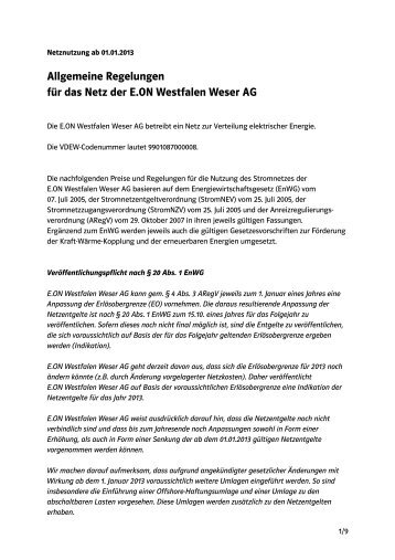 Preisblatt Entgelte Netznutzung Strom - E.ON Westfalen Weser