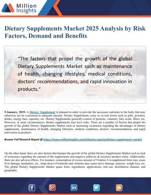 Dietary Supplements Market 2025 Growth by Applications, Dynamics