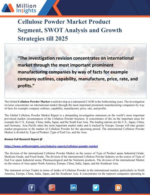 Cellulose Powder Market Product Segment, SWOT Analysis and Growth Strategies till 2025