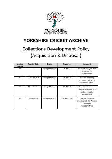 YORKSHIRE CRICKET ARCHIVE - COLLECTIONS DEVELOPMENT POLICY (Final)