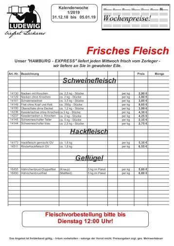 Wochenpreise - Woche 01 / 2019