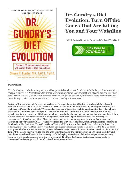 Download Ebook Dr Gundry S Diet Evolution Turn Off The Genes That Are Killing You And