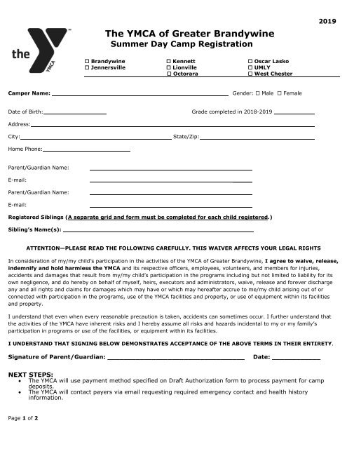 Brandywine YMCA - 2019 Camp Registration Forms