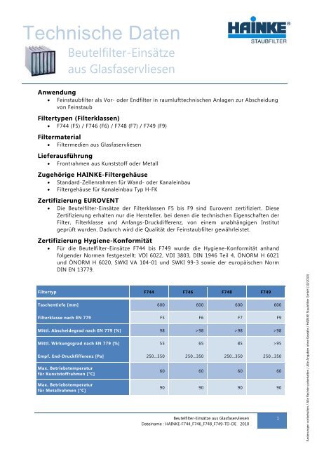 Beutelfilter F744,F746,F748,F749 - HAINKE Staubfilter