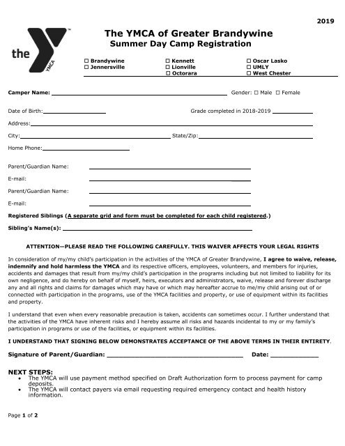 Octorara YMCA - 2019 Camp Registration Forms