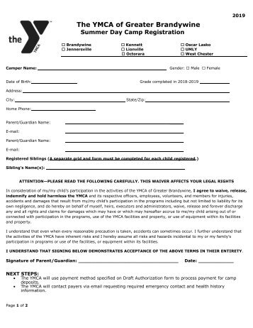 Upper Main Line YMCA - 2019 Camp Registration Forms