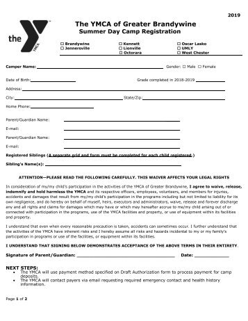 West Chester & Oscar Lasko YMCAs - 2019 Camp Registration Forms