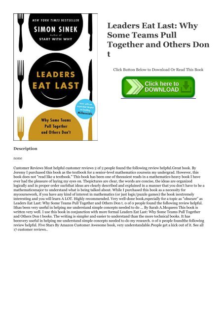!$PDF Leaders Eat Last: Why Some Teams Pull Together and Others Don t ~*EPub Simon Sinek