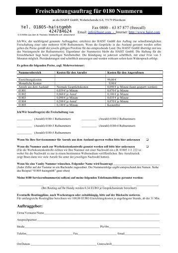 Freischaltungsauftrag für 0180 Nummern - bei der Haist GmbH