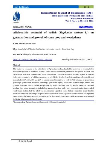 Allelopathic potential of radish (Raphanus sativus L.) on germination and growth of some crop and weed plants