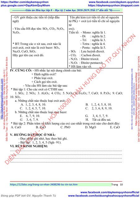 GIÁO ÁN MÔN HÓA HỌC LỚP  8 - ĐƠN VỊ TRƯỜNG THCS THỊ TRẤN - NĂM HỌC 2018 - 2019