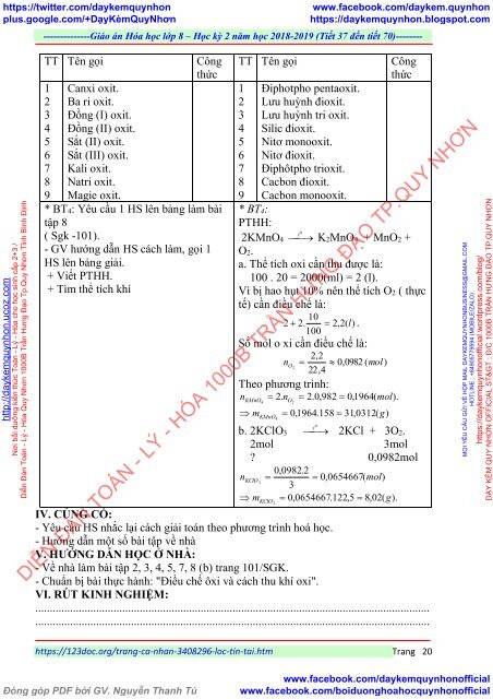 GIÁO ÁN MÔN HÓA HỌC LỚP  8 - ĐƠN VỊ TRƯỜNG THCS THỊ TRẤN - NĂM HỌC 2018 - 2019