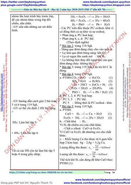 GIÁO ÁN MÔN HÓA HỌC LỚP  8 - ĐƠN VỊ TRƯỜNG THCS THỊ TRẤN - NĂM HỌC 2018 - 2019