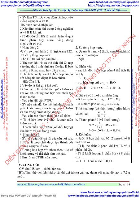 GIÁO ÁN MÔN HÓA HỌC LỚP  8 - ĐƠN VỊ TRƯỜNG THCS THỊ TRẤN - NĂM HỌC 2018 - 2019