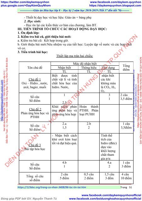 GIÁO ÁN MÔN HÓA HỌC LỚP  8 - ĐƠN VỊ TRƯỜNG THCS THỊ TRẤN - NĂM HỌC 2018 - 2019