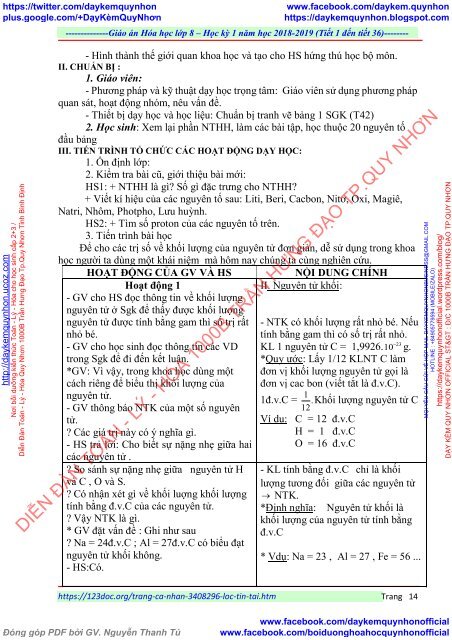 GIÁO ÁN MÔN HÓA HỌC LỚP  8 - ĐƠN VỊ TRƯỜNG THCS THỊ TRẤN - NĂM HỌC 2018 - 2019