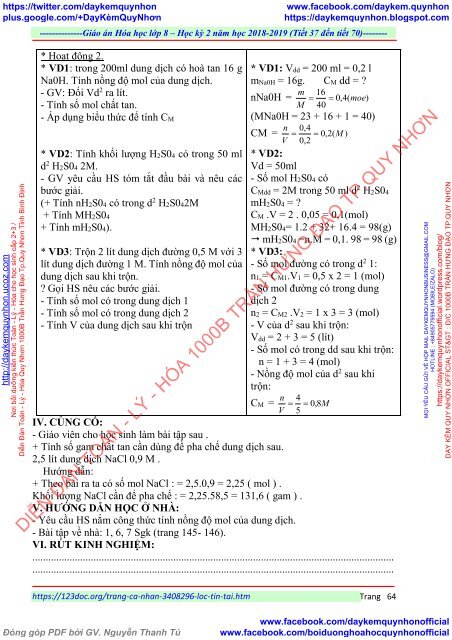 GIÁO ÁN MÔN HÓA HỌC LỚP  8 - ĐƠN VỊ TRƯỜNG THCS THỊ TRẤN - NĂM HỌC 2018 - 2019