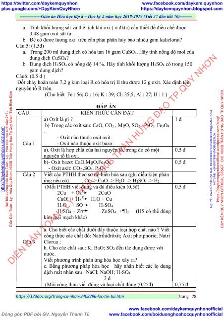 GIÁO ÁN MÔN HÓA HỌC LỚP  8 - ĐƠN VỊ TRƯỜNG THCS THỊ TRẤN - NĂM HỌC 2018 - 2019