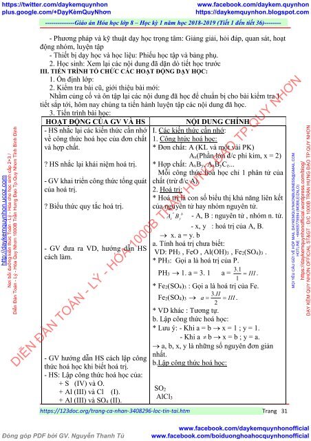 GIÁO ÁN MÔN HÓA HỌC LỚP  8 - ĐƠN VỊ TRƯỜNG THCS THỊ TRẤN - NĂM HỌC 2018 - 2019