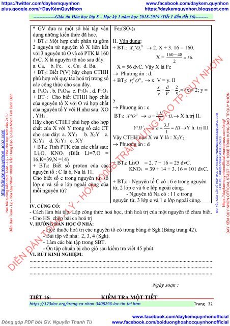 GIÁO ÁN MÔN HÓA HỌC LỚP  8 - ĐƠN VỊ TRƯỜNG THCS THỊ TRẤN - NĂM HỌC 2018 - 2019