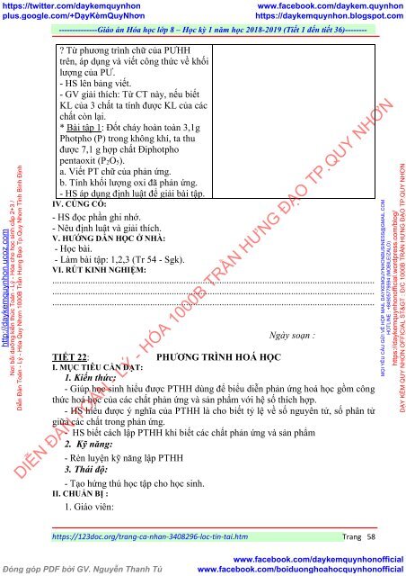 GIÁO ÁN MÔN HÓA HỌC LỚP  8 - ĐƠN VỊ TRƯỜNG THCS THỊ TRẤN - NĂM HỌC 2018 - 2019