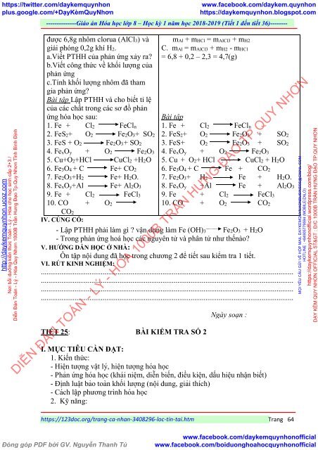 GIÁO ÁN MÔN HÓA HỌC LỚP  8 - ĐƠN VỊ TRƯỜNG THCS THỊ TRẤN - NĂM HỌC 2018 - 2019