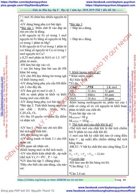 GIÁO ÁN MÔN HÓA HỌC LỚP  8 - ĐƠN VỊ TRƯỜNG THCS THỊ TRẤN - NĂM HỌC 2018 - 2019