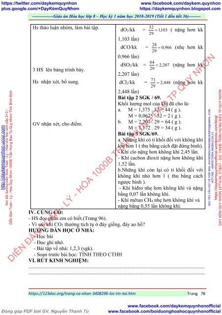 GIÁO ÁN MÔN HÓA HỌC LỚP  8 - ĐƠN VỊ TRƯỜNG THCS THỊ TRẤN - NĂM HỌC 2018 - 2019