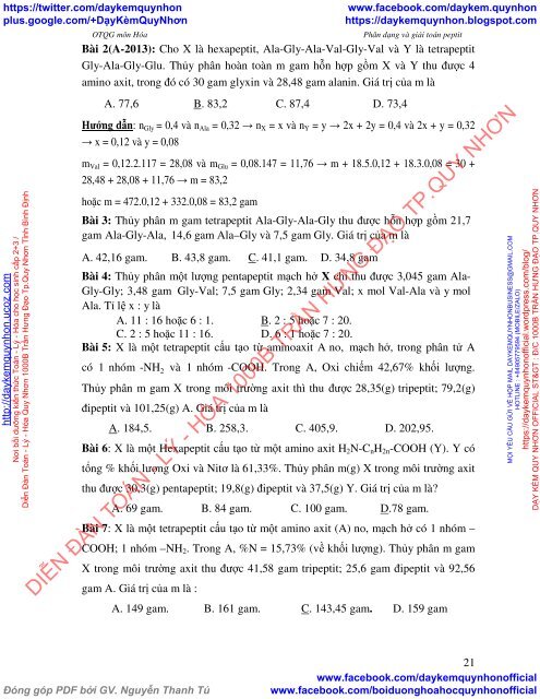 OTQG môn Hóa Phân dạng và giải toán peptit