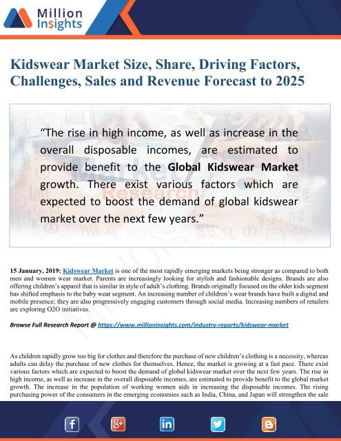Kidswear Market Dynamics, Trends, Outlook, Feature Investment Drivers and Forecast to 2025