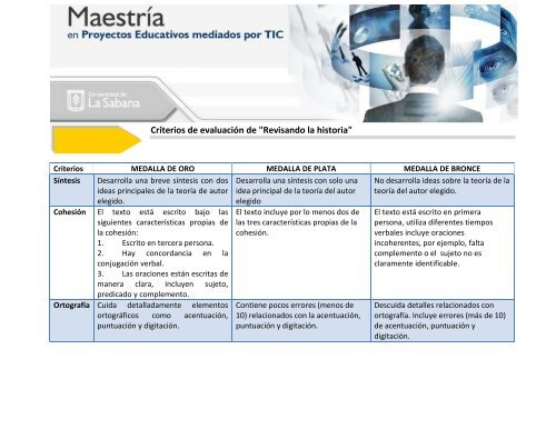 Criterios de evaluación de Revisando la historia