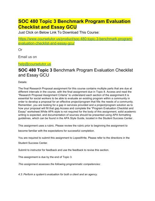 SOC 480 Topic 3 Benchmark Program Evaluation Checklist and Essay GCU