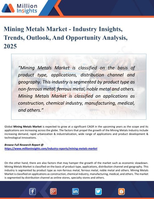 Mining Metals Market Top Manufacturers, Growth, Trends, Competitive Landscape, Price and Forecasts to 2025