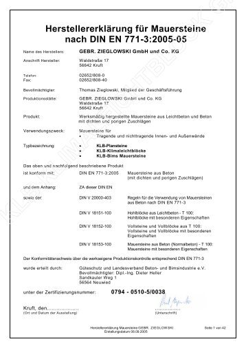 Herstellererklärung für Mauersteine nach DIN EN 771-3:2005-05