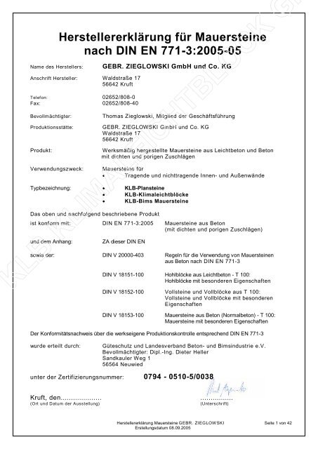 Herstellererklärung für Mauersteine nach DIN EN 771-3:2005-05