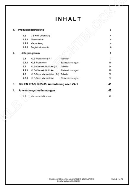 Herstellererklärung für Mauersteine nach DIN EN 771-3:2005-05
