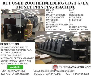 Buy Used 2001 Heidelberg CD74-5+LX Offset Printing Machine