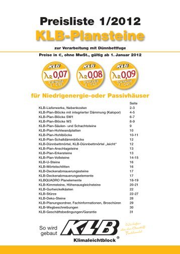 Preisliste-Planst 2012_Preise Plansteine - KLB-Klimaleichtblock