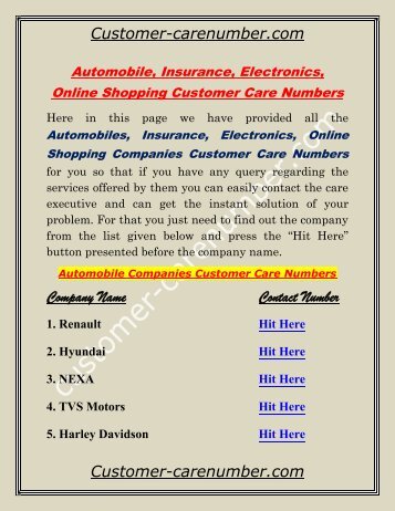 Automobile, Insurance, Electronics, Online Shopping Customer Care Numbers