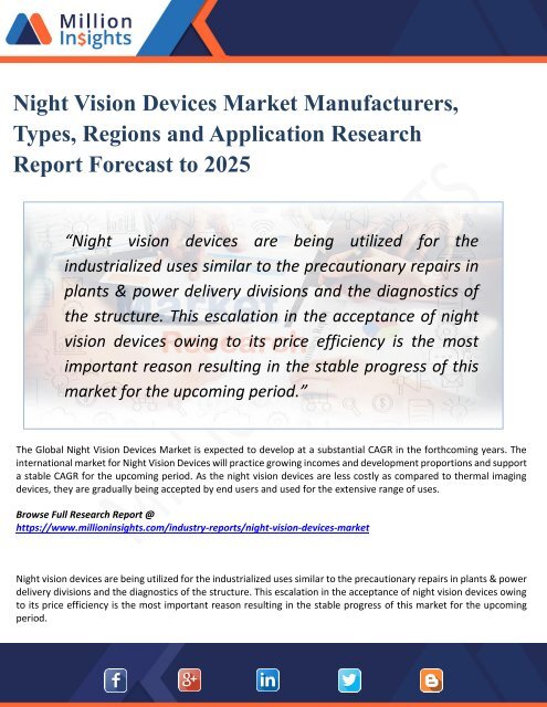 Night Vision Devices Market Analysis, Growth Forecast Analysis by Manufacturers, Regions, Type and Application to 2025