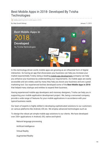 Best Mobile Apps in 2018- Developed By Tvisha Technologies