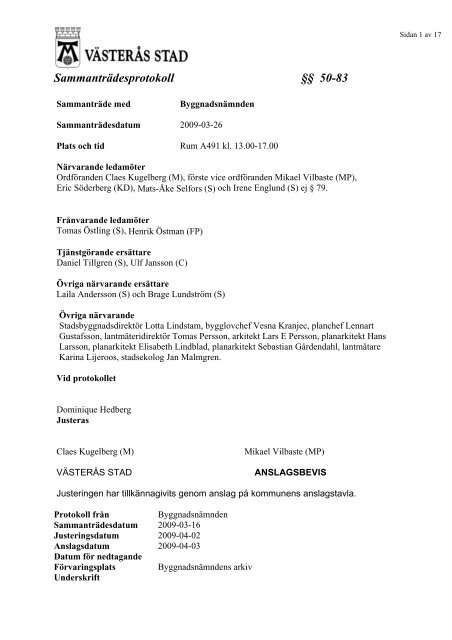 Sammanträdesprotokoll §§ 50-83 - Västerås stad