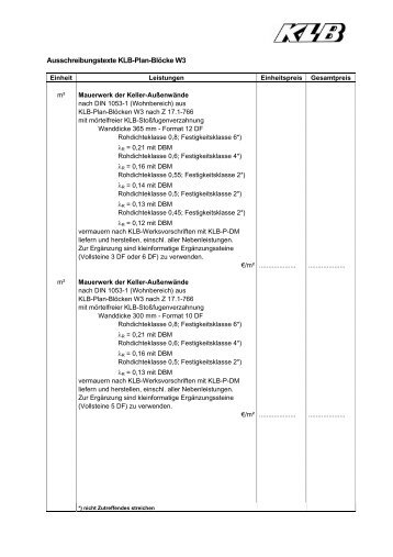 Plan-Blöcke W3 Ausschreibungstext als pdf - KLB-Klimaleichtblock