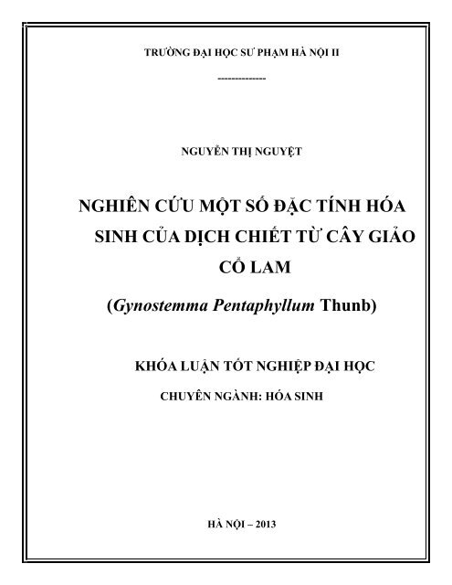 Nghiên cứu một số đặc tính hóa sinh của dịch chiết từ cây Giảo cổ lam (Gynostemma Pentaphyllum Thunb)