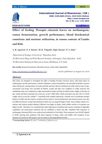 Effect of feeding Prosopis cineraria leaves on methanogens, rumen fermentation, growth performance, blood biochemical constitute and nutrient utilization, in rumen content of Lambs and Kids