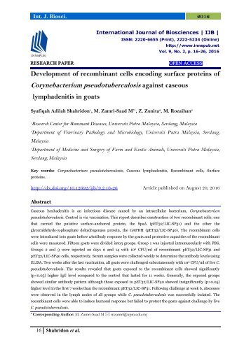 Development of recombinant cells encoding surface proteins of Corynebacterium pseudotuberculosis against caseous lymphadenitis in goats