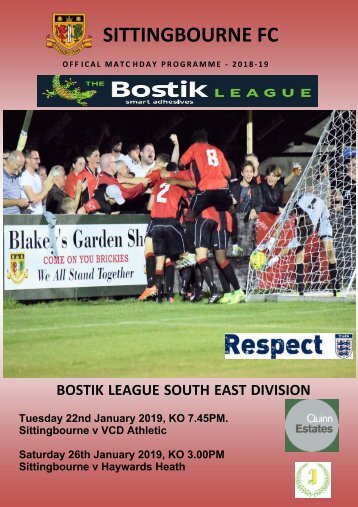 Match Day Programmes Sittingbourne v VCD 22/6/19 & Haywards Heath 26/1/2019