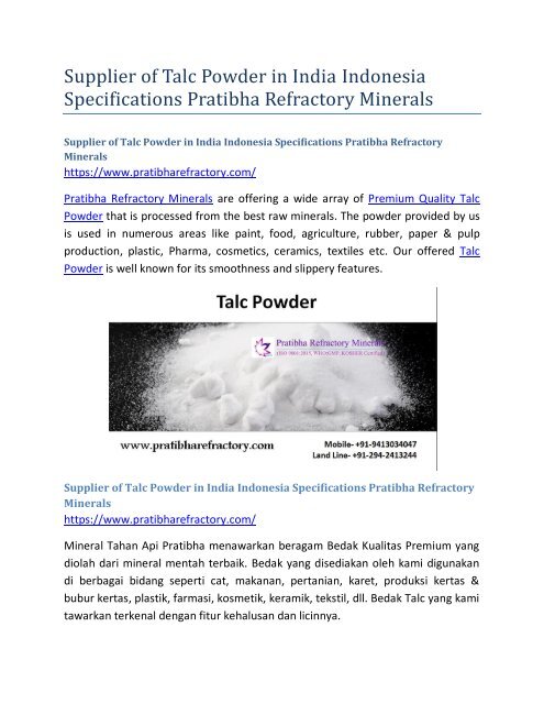 Supplier of Talc Powder in India Specifications Pratibha Refractory ...